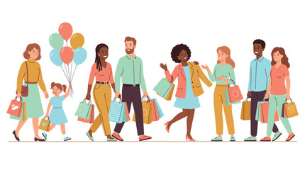 Obraz premium Happy shoppers vector illustration set with diverse people carrying shopping bags and colorful balloons on a white background