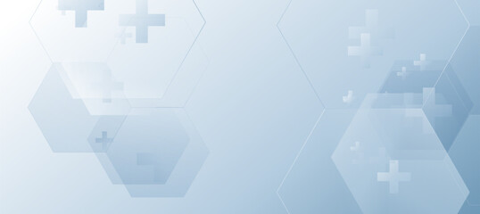 Fototapeta premium Abstract Medical Technology Background with Light Blue Geometric Hexagons and Cross Icons