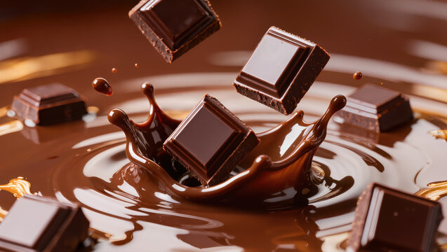 Dark chocolate squares splash into glossy melted chocolate, creating a rich dynamic food concept of indulgence, motion, and sweetness.