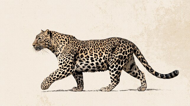 Growth and expertise shown by a walking leopard with black rosettes on a textured cream background illustration