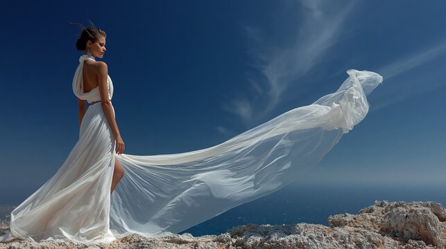 A woman in a white gown stands on rocky terrain with a long flowing train against a blue sky background.