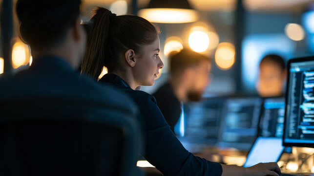 rear view of a team of programmers coding together at computers during a mentor led meeting in a bright busy office, silhouette composition, software development, collaboration,