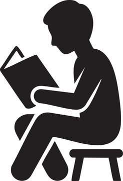 Black silhouette icon of a student sitting on a stool reading a book