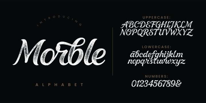 Morble stylish calligraphic script typeface featuring flowing chalk textured letters and numbers