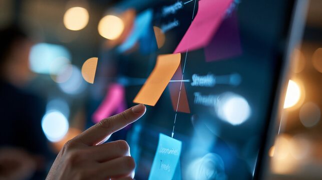 close up of a modern swot analysis framework chart with strengths weaknesses opportunities and threats on a bright screen, macro detail shot, strategic planning, business