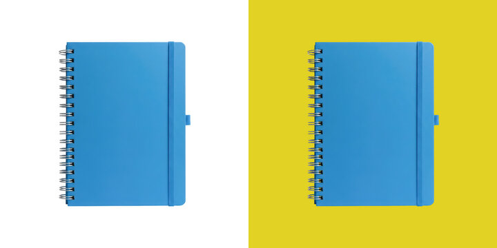 Blue Spiral Notebook with Elastic Closure Comparison on White and Yellow Background