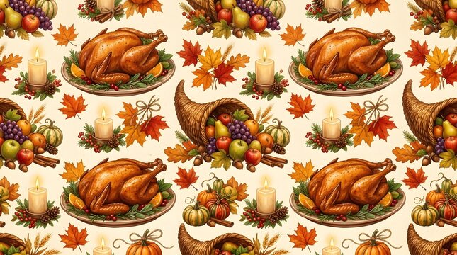 Seamless thanksgiving pattern featuring roasted turkeys, cornucopias, candles, and autumn leaves on a cream background