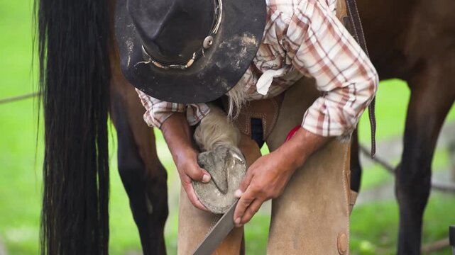 Farrier trimming horse hoof with rasp tool while working outdoors in rural field.