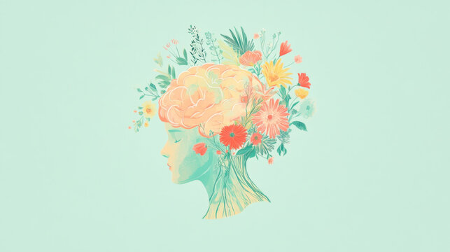 Creative 3D Brain with Flowers on Pastel Pink Background