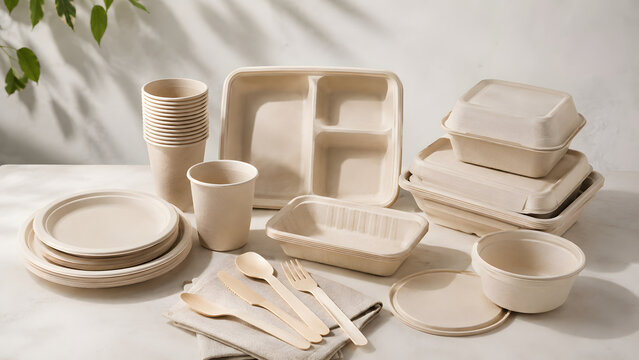 Eco friendly disposable tableware set, biodegradable food packaging containers, sustainable wooden cutlery and paper cups