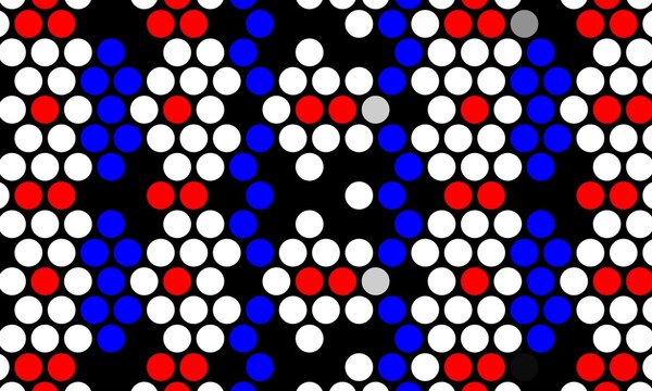 Seamless red, blue, and white dot matrix pattern featuring geometric diamond mosaic lattice on a black background