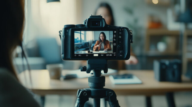Woman recording educational video with camera on tripod