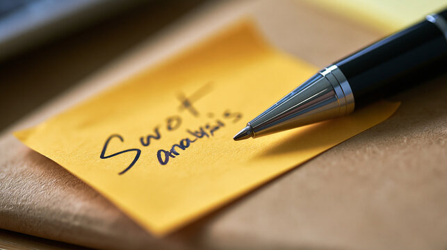 close up of a handwritten swot analysis note on a bright yellow adhesive sticker taped to a cardboard surface, macro detail shot, business strategic planning, marketing