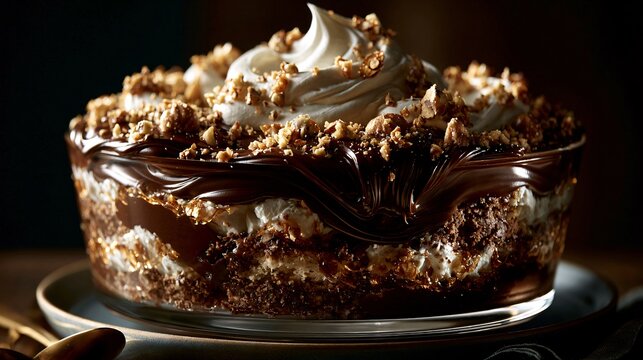 A dramatic editorial composition showcasing a chocolate hazelnut trifle dish illuminated by directional lighting emphasizing glossy ganache, whipped cream, and crunchy praline textures