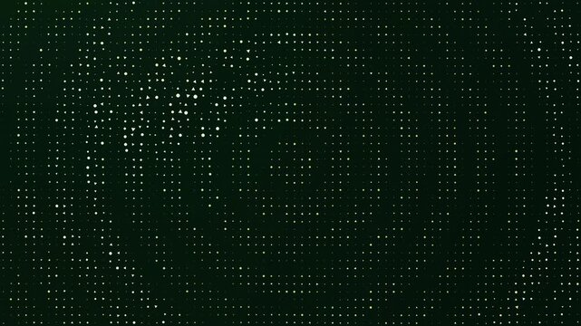 Seamless loop: animated particle grid distorts into organic waves on dark green background. Toxic-hued dot matrix flows with fluid motion. Abstract tech design.