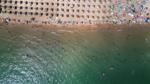 Top Down Aerial View of Crowded Golden Sands Beach in Bulgaria
