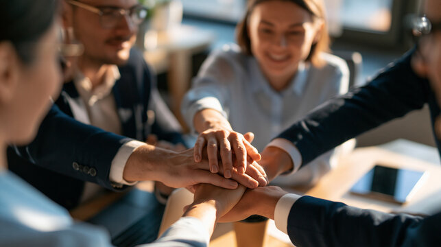 overhead view of a business team joining hands in a circle during an office meeting in a bright conference room, aerial composition, teamwork, unity, collaboration, employee