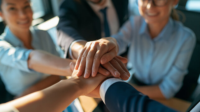 overhead view of a business team joining hands in a circle during an office meeting in a bright conference room, aerial composition, teamwork, unity, collaboration, employee