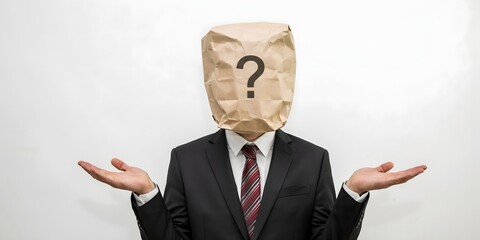 Confused Businessman With Question Mark Paper Bag Representing Uncertainty Decision Making Doubt And Mystery