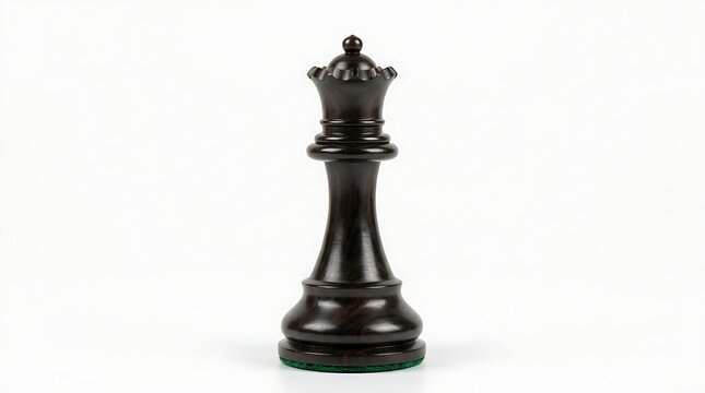 Carved ebony wood chess queen piece standing upright isolated on a pure white background.