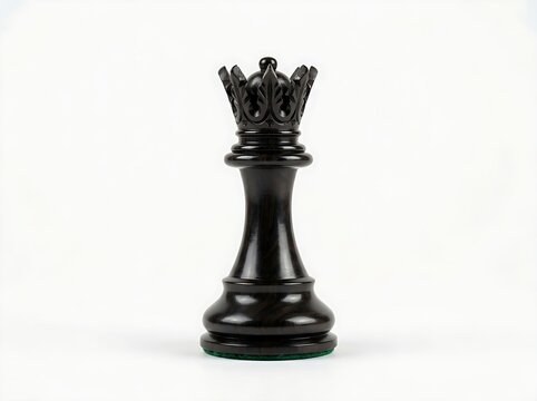 Single black chess queen piece symbolizing power and strategy isolated on seamless white background.