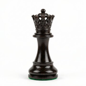 Dark ebony wooden chess queen piece standing upright isolated against a plain white backdrop space.