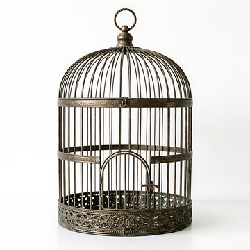 An empty antique metal birdcage with domed top isolated against a pure white background for design.