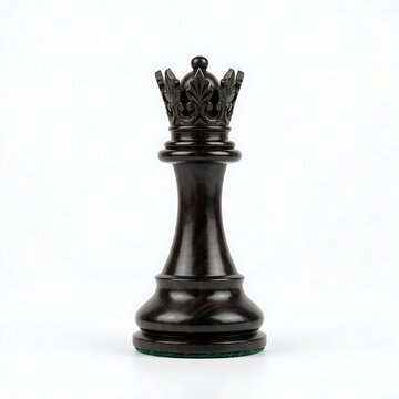 Single black wooden chess queen piece with carved crown isolated on a clean white background.