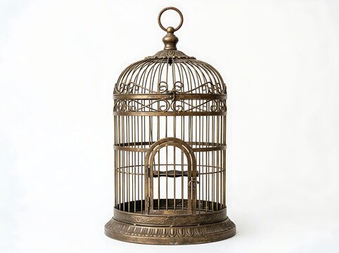 Vintage style bronze wire birdcage with intricate floral filigree trim isolated against a solid white background.