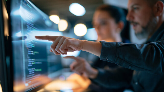 cropped view of two developers pointing at code on a bright monitor during a pair programming session, hands and screen in focus, mentorship moment, software development,