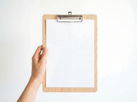 Hand holding wooden clipboard with empty blank paper sheet isolated on white background for office presentation.