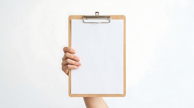 Human hand holding up a wooden clipboard with blank paper isolated against a pure white background.