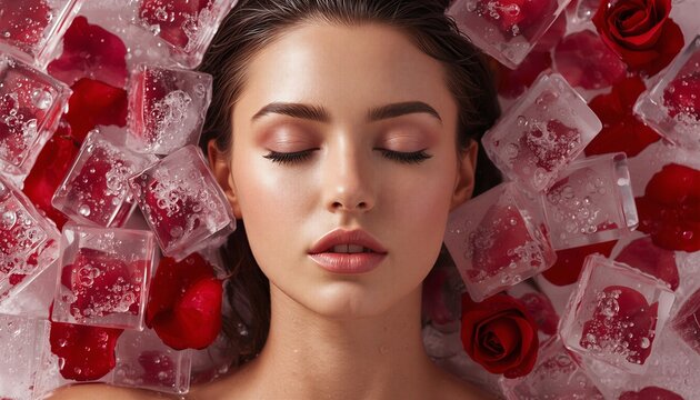 Close up portrait of beautiful woman lying in ice cubes with red rose petals, skincare concept, generative AI
