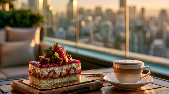 A luxury rooftop cafe composition featuring a strawberry trifle dish served with artisan cappuccino overlooking an elegant city skyline beneath golden sunset light