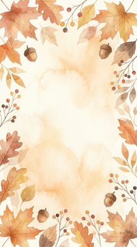 Autumn foliage and acorns arranged in a decorative border with soft watercolor wash