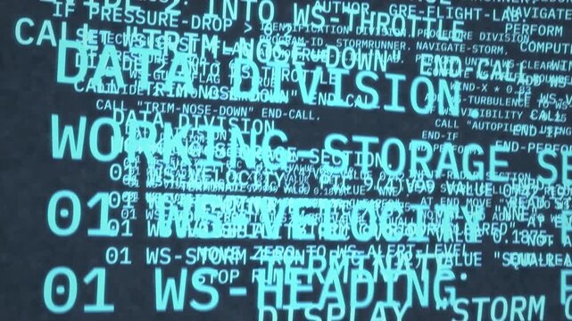 Abstract digital animation of glowing cyan source code streaming through dark cyberspace. Programming commands and data variables fly in seamless looping motion. Technology and software development.