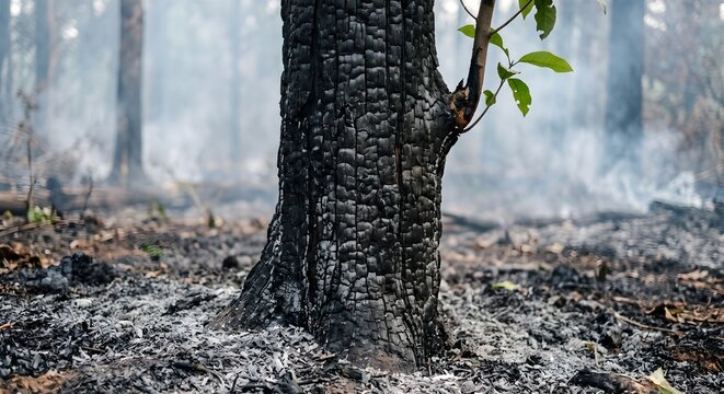 Charred tree trunk showing the impact of a forest wildfire
