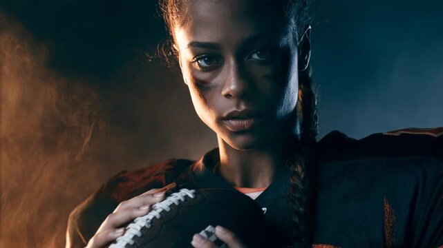Intense female football player portrait in dramatic lighting