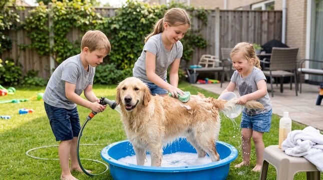 Three children washing a golden retriever dog in a backyard  