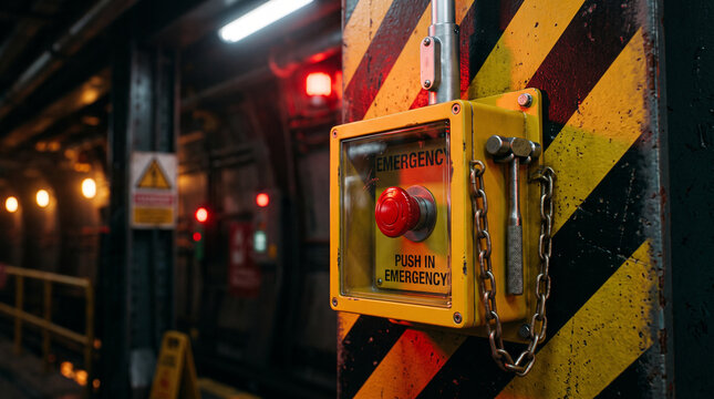 Emergency stop button with warning signs in an industrial setting  