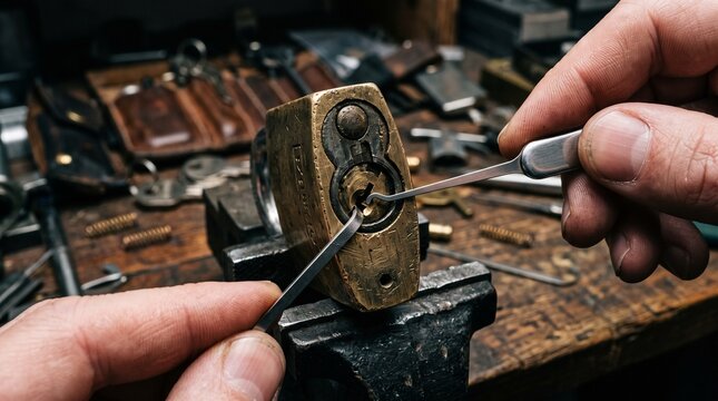 Hands using tools to pick a vintage lock in a workshop setting  