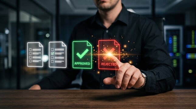 Businessman selecting rejected document in digital interface, representing approval workflow, decision making, document review, validation, compliance and business process management