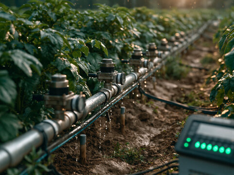 AI precision irrigation system with drip pipes, solenoid valves, soil moisture sensors and glowing LED panel in vibrant green farmland under warm golden hour light for smart farming brochures.