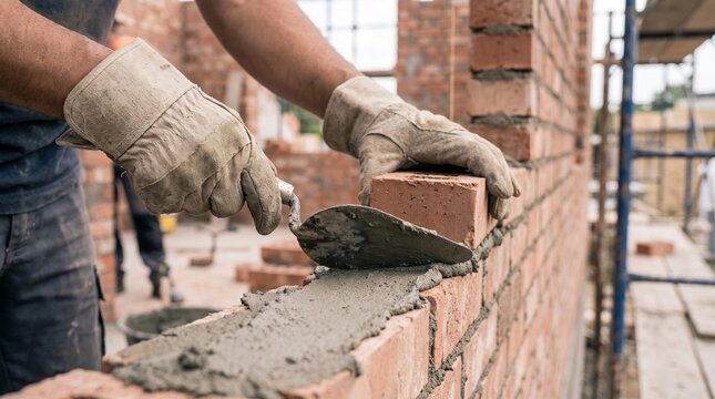 Professional bricklayer installing brick wall with trowel and mortar at construction site