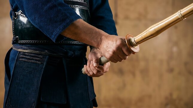 Close up of martial arts practitioner holding wooden sword in protective armor