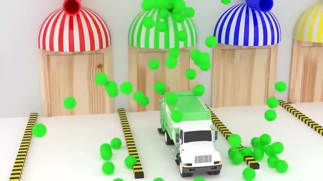 3D Animated Garbage Truck Exiting Garage with Falling Balls Animation