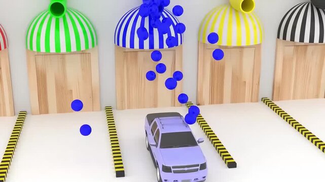 3D Animated Pickup Truck Exiting Garage with Falling Balls Animation