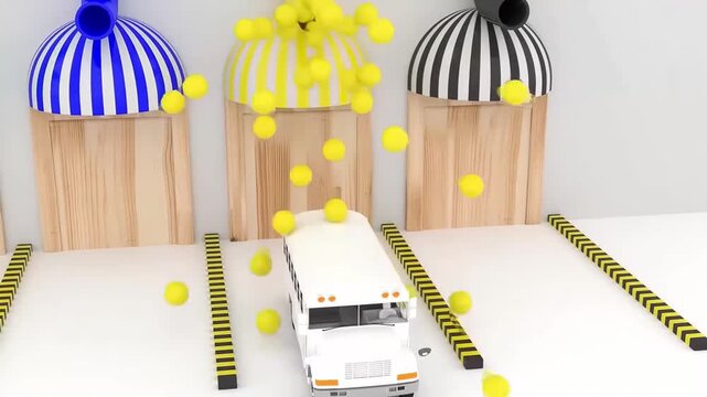 3D Animated School Bus Exiting Garage with Falling Balls Animation