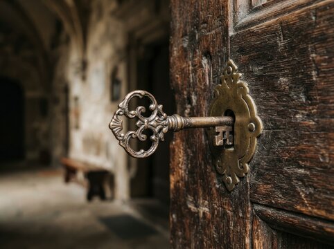 A close-up view of an antique metal key inserted into a detailed brass escutcheon plate on a weathered, dark wooden door, with a blurred stone corridor in the background.