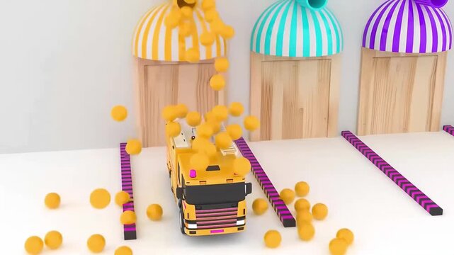 3D Animated Fire Rescue Truck Exiting Garage with Falling Balls Animation